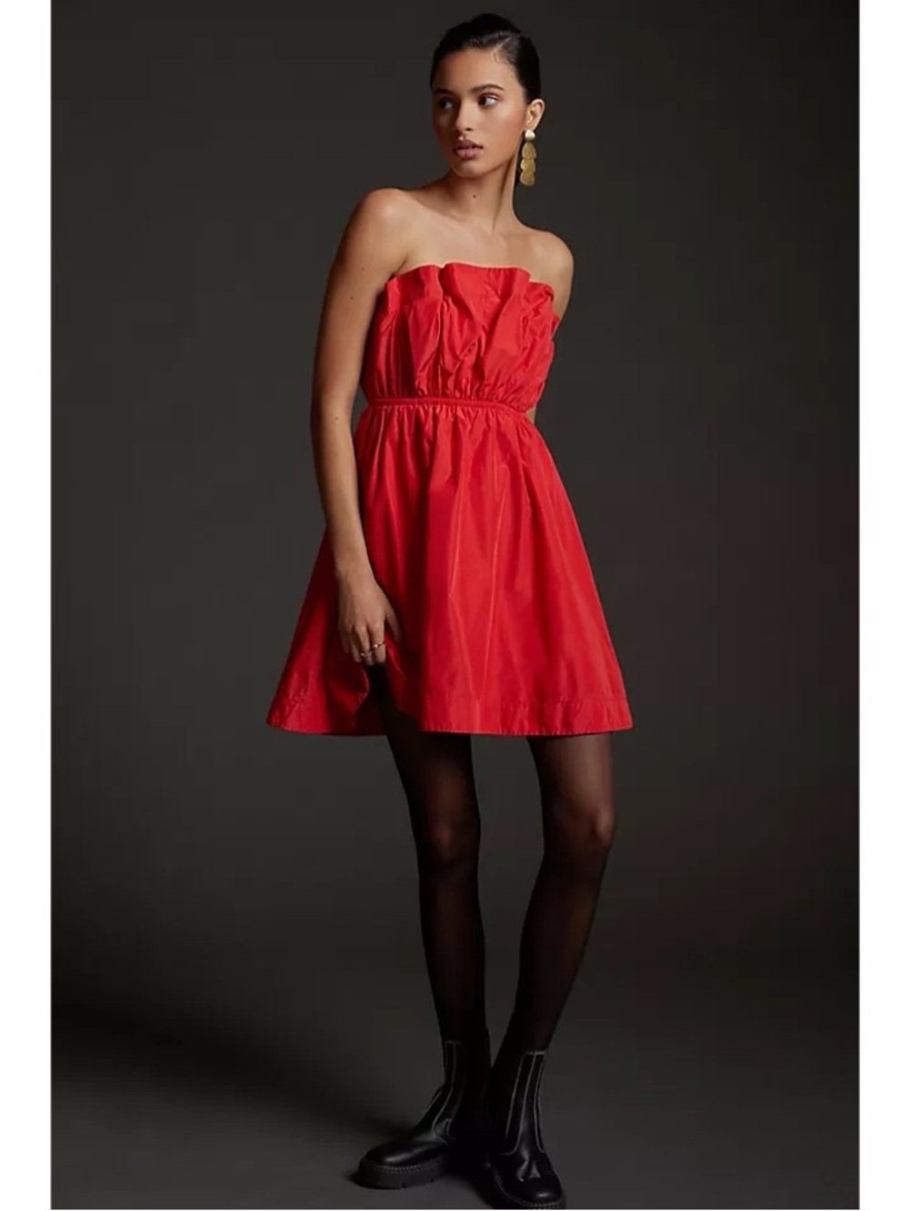 Anthropologie Red Strapless Taffeta Ruffle Mini Dress L Holiday Cocktail Pockets